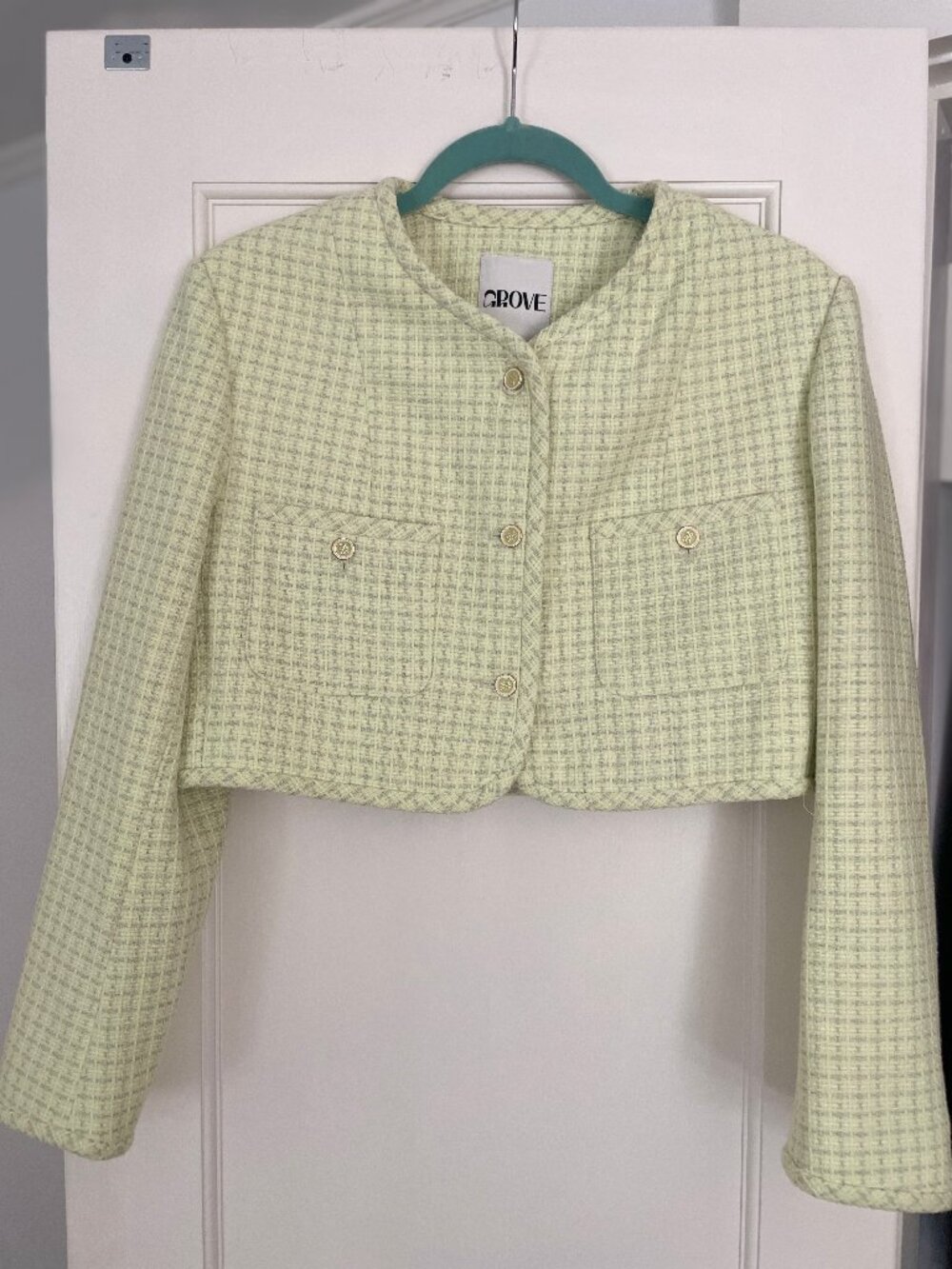 GROVE Collaborative Mint Tweed Cropped Jacket Gold Buttons Korean